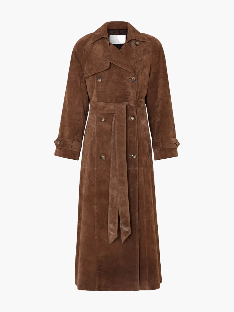 Elegant women's warm brown belted trench coat, midi length, classic outerwear for winter.