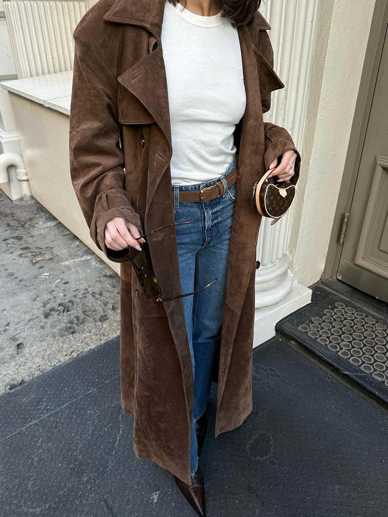 Classic women's brown belted trench coat, midi outerwear, perfect for fall and winter warmth.