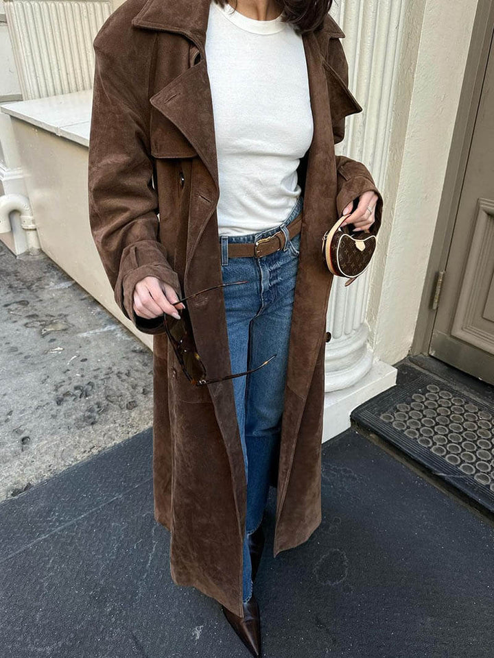 Classic women's brown belted trench coat, midi outerwear, perfect for fall and winter warmth.