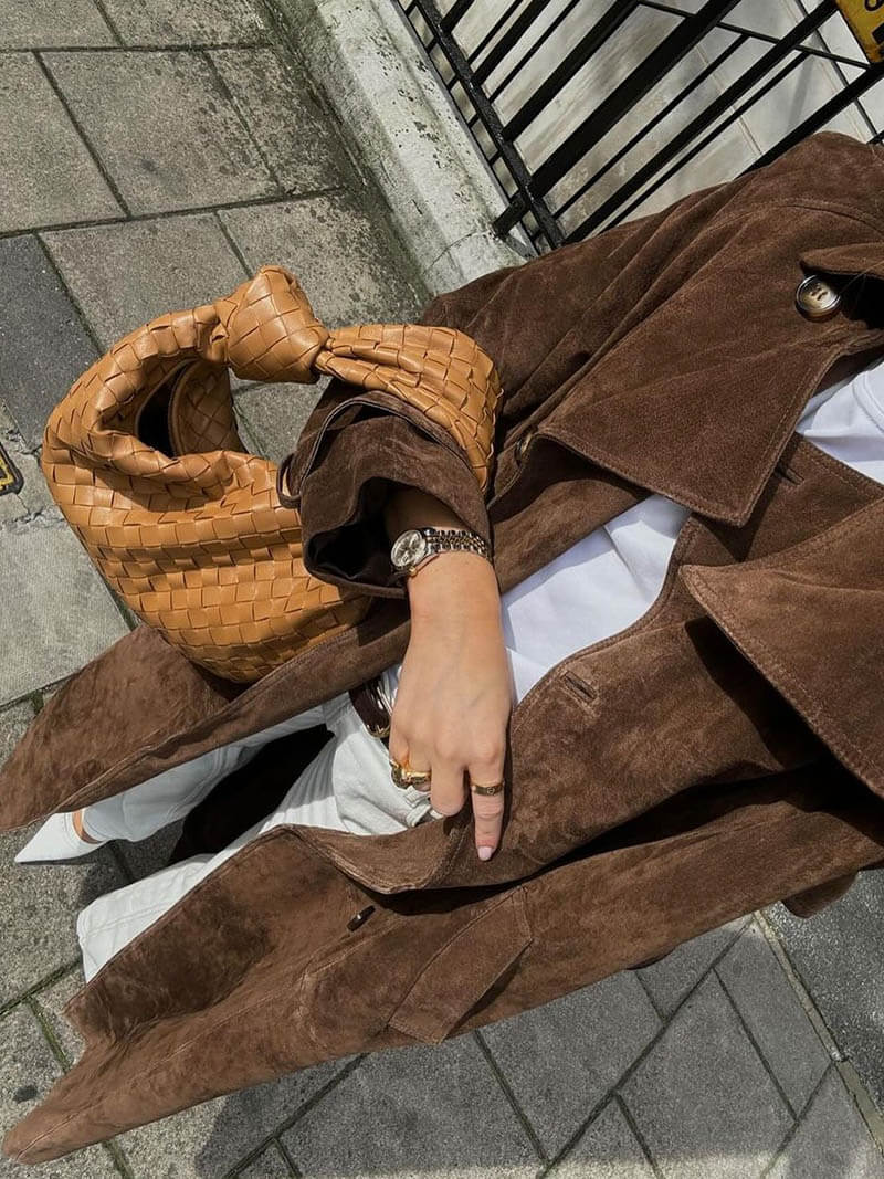 Women's brown warm trench coat, midi length, featuring a flattering belted waist for a classic look.
