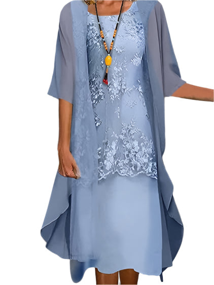 Elegant women's wedding guest midi dress with flowing sheer sleeves, perfect for formal events & parties.
