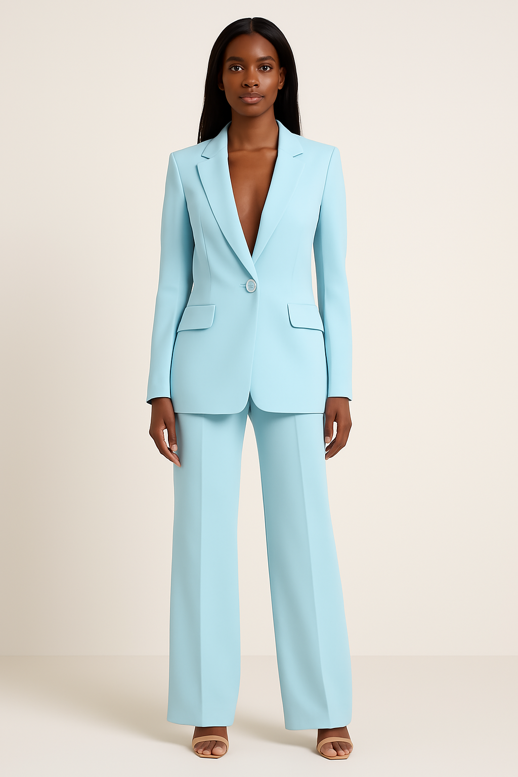 Elegant women's white formal suit set with tailored long blazer and matching trousers, perfect for business attire.