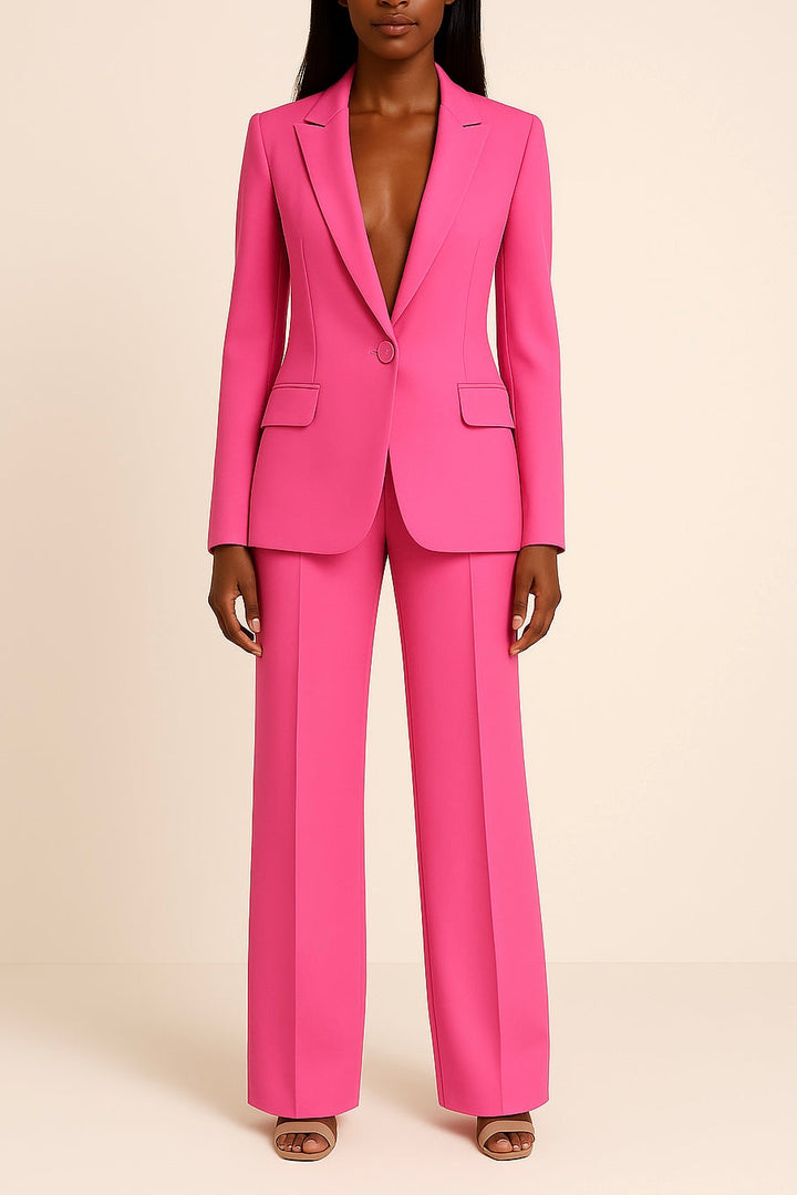 Professional women's black power suit featuring a tailored blazer and straight-leg trousers for a chic look.