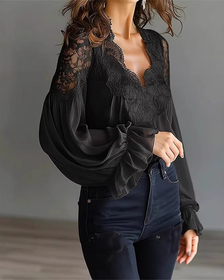 Elegant women's white lace V-neck blouse with long puffed ruffle sleeves, a chic & romantic fashion top.