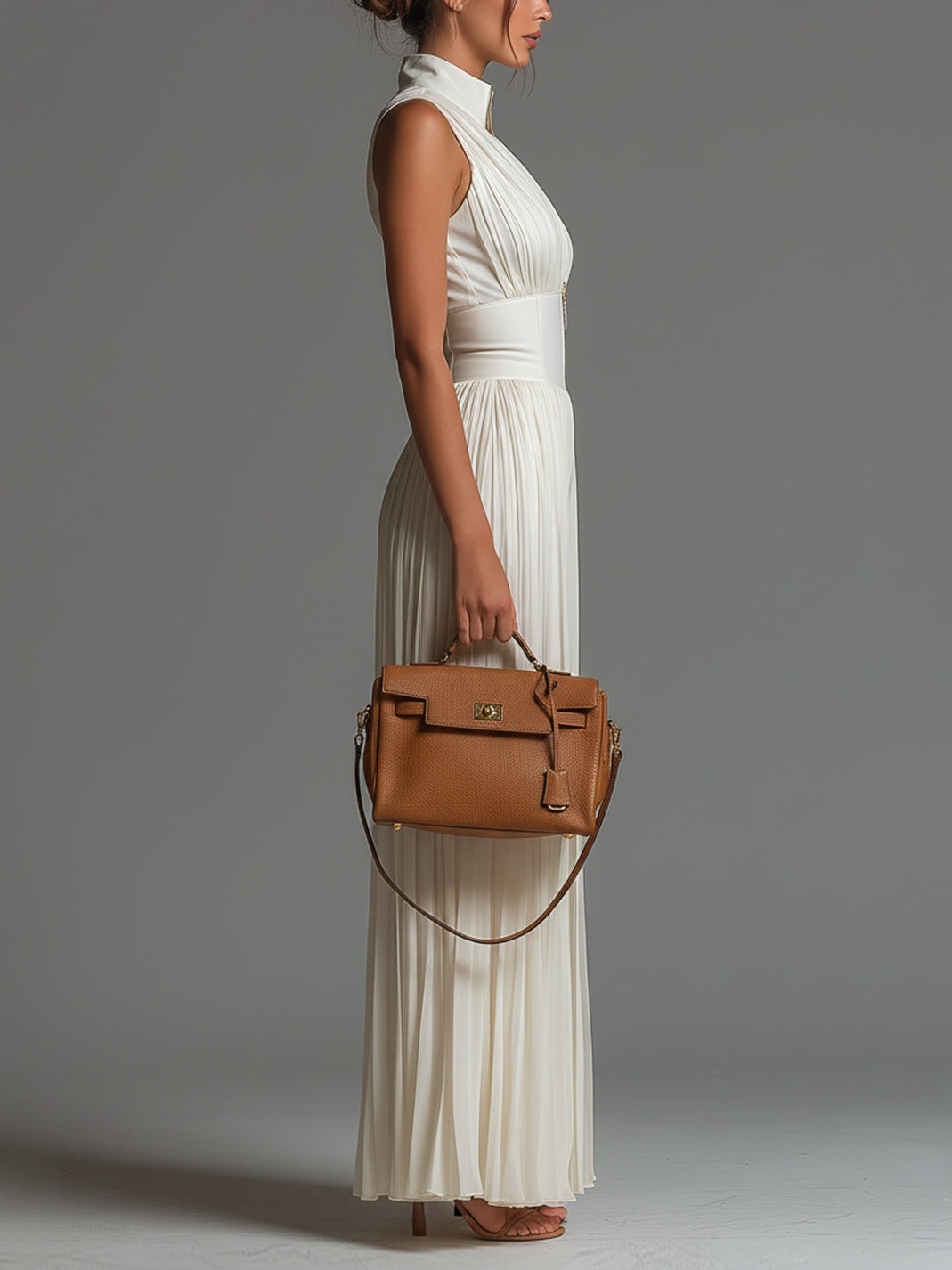 Women's elegant white pleated jumpsuit, wide-leg, deep V-neck. Perfect for formal events & parties.