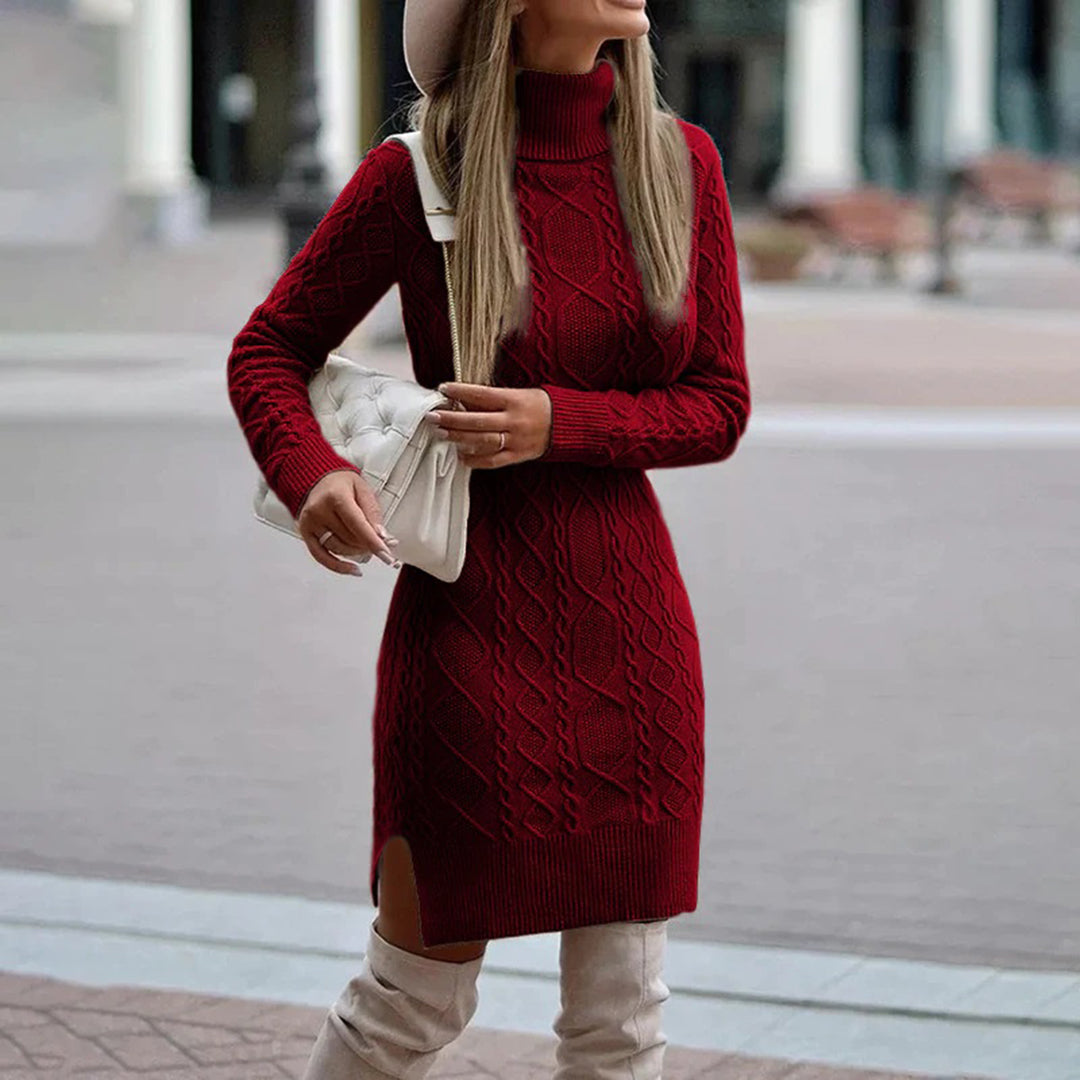 Elegant women's white turtleneck knitted midi dress, long sleeve, perfect for winter fashion 2024