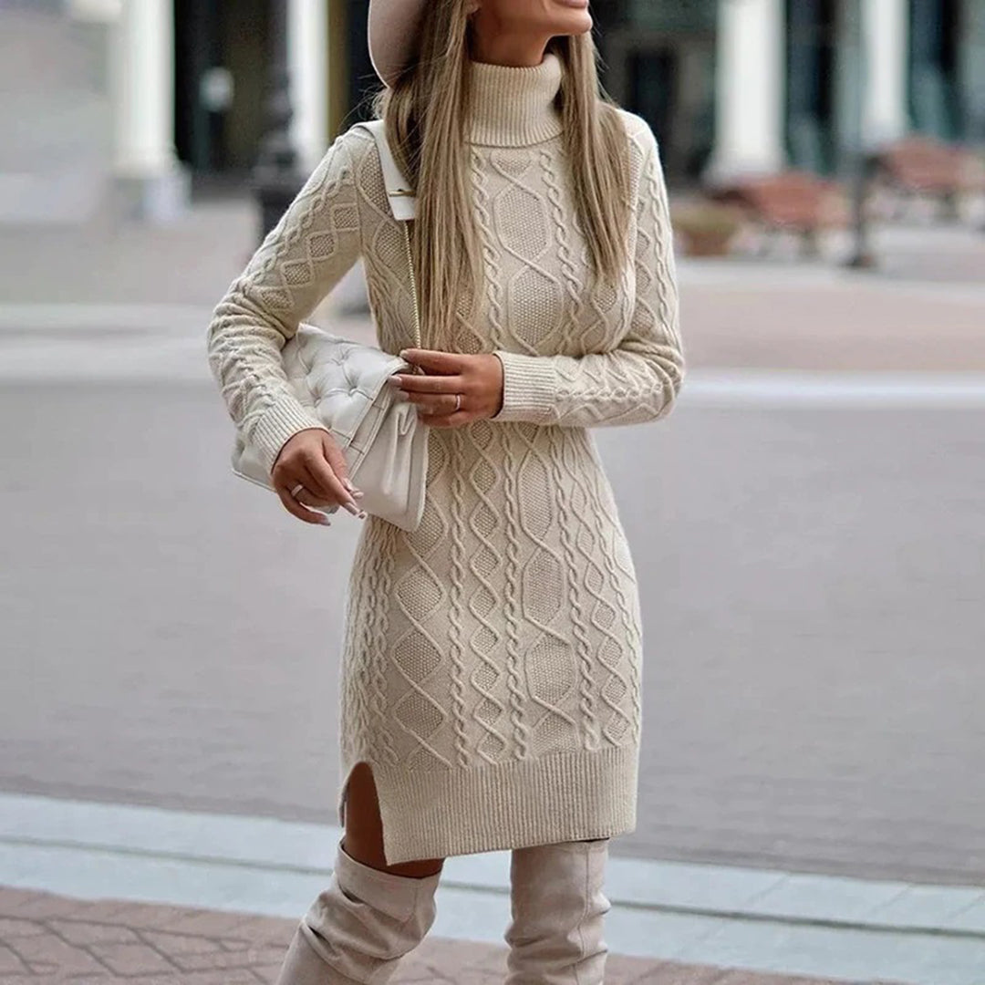 Women's winter fashion: Knitted turtleneck long sleeve dress in a sophisticated gray hue, casual chic