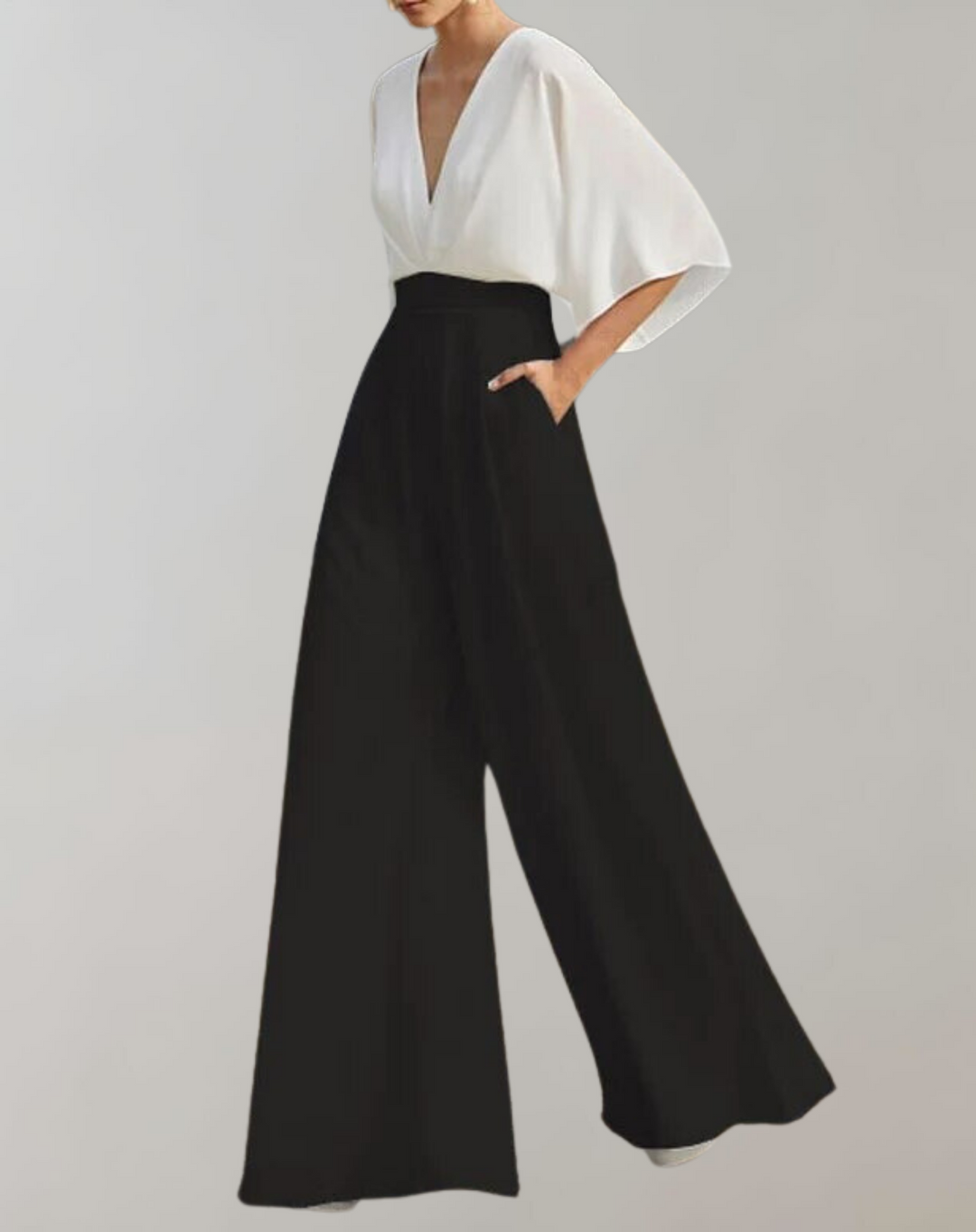 Women's elegant wide leg jumpsuit, perfect for formal evening events. Chic party outfit for wedding guests.