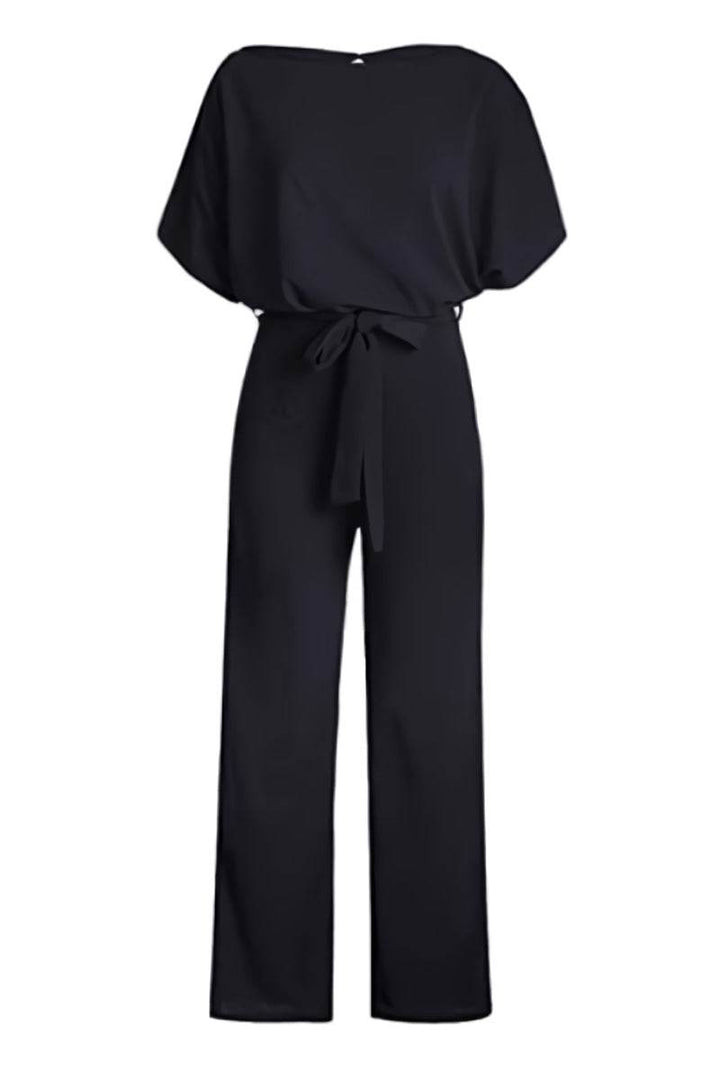 Elegant women's jumpsuit featuring wide legs, graceful batwing sleeves, and a flattering cinch belt for style.