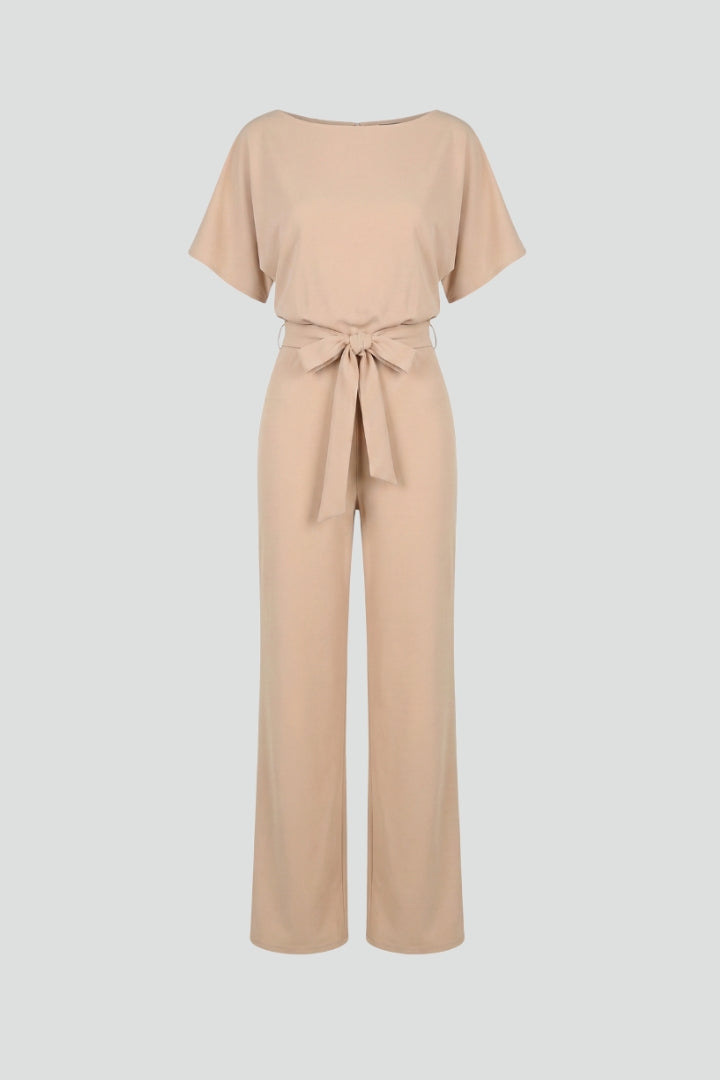 Elegant women's wide-leg jumpsuit with waist tie, full-length & short sleeves. Effortless casual style.