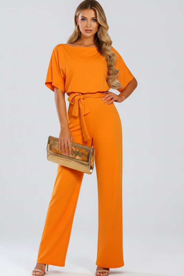 Chic women's full-length wide-leg jumpsuit, effortless style, comfy short sleeves & elegant tie waist.