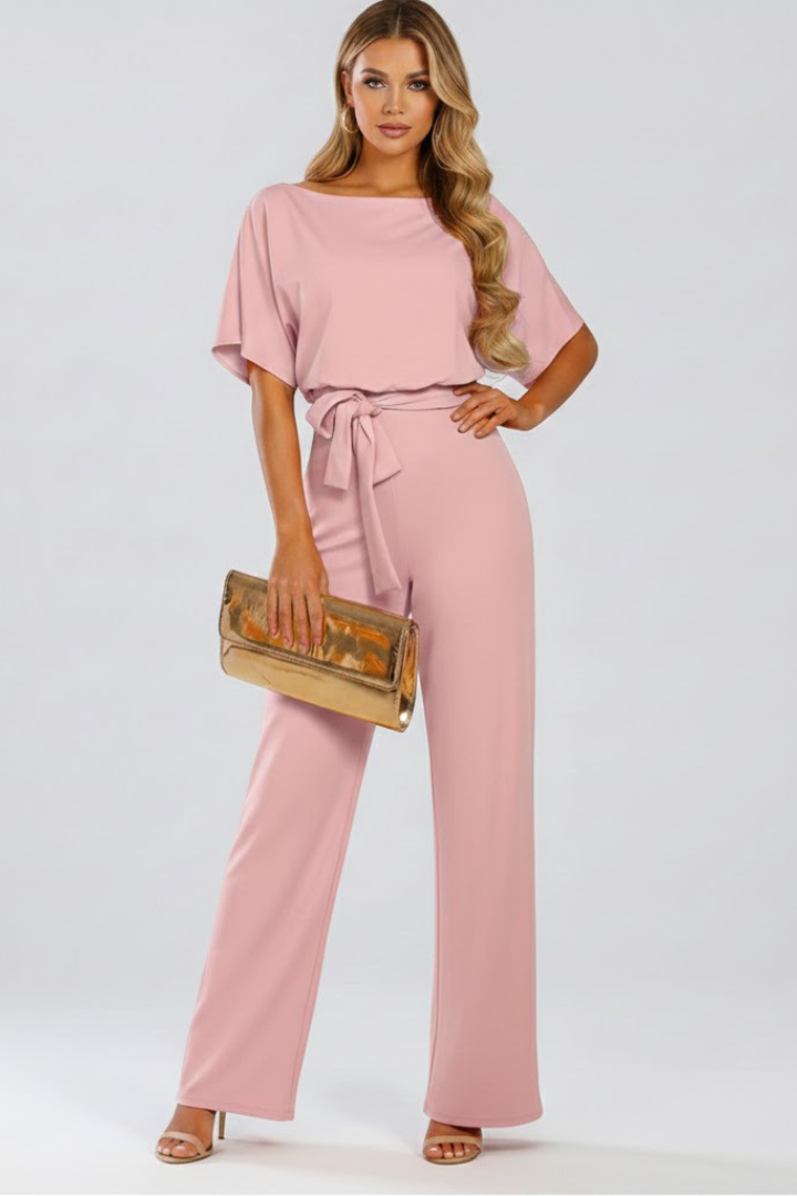 Womens fashion wide-leg jumpsuit, comfortable & versatile with a tie waist, round neck, and short sleeves.