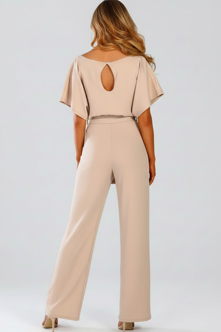 Full-length women's one-piece wide-leg jumpsuit with a flattering tie waist and short sleeves for all seasons.