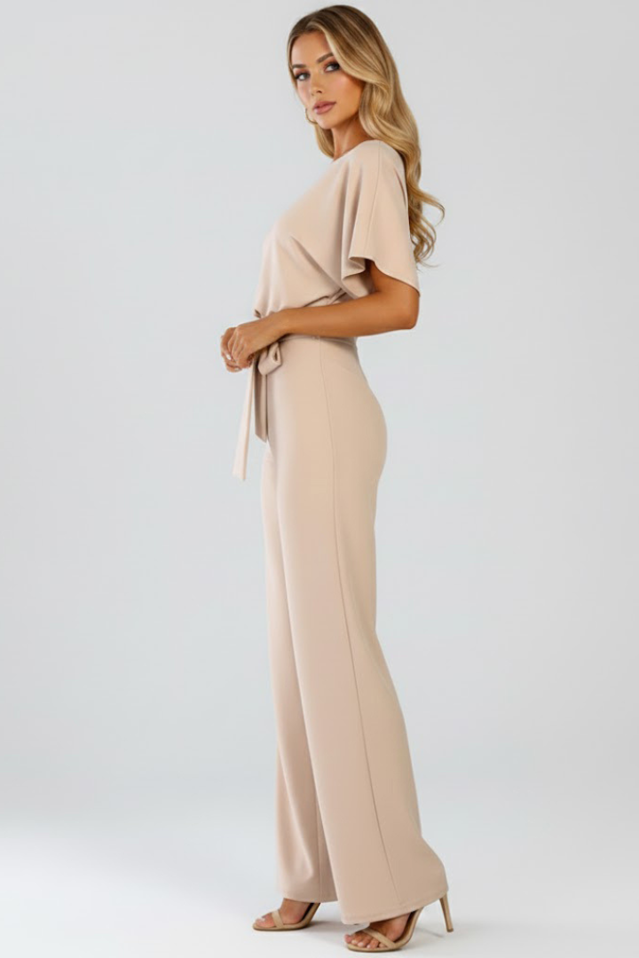 Womens fashion wide-leg jumpsuit, elegant design, comfortable fit, round neck & short sleeves with tie waist.