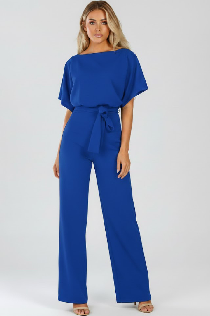 Comfortable women's wide-leg jumpsuit, round neck, short sleeve & chic tie waist. Perfect for all season wear.