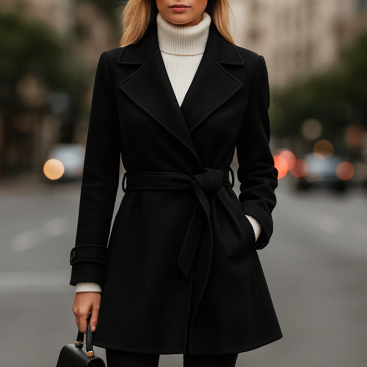 Stylish women's longline wool-blend coat featuring a cinching belt and sophisticated contrast piping