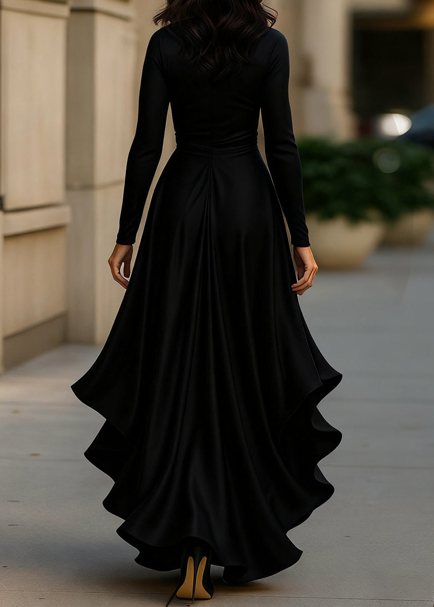 Elegant women's maxi wrap dress with a flowy high-low ruffle hem, perfect for events.