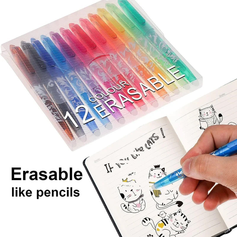 Close-up of a blue erasable gel pen, fine point tip, showcasing smooth writing functionality