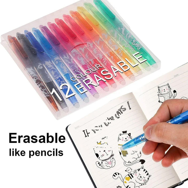 Close-up of a blue erasable gel pen, fine point tip, showcasing smooth writing functionality