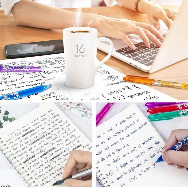 Hand holding an erasable gel pen, writing smoothly on a notebook, highlighting its fine point