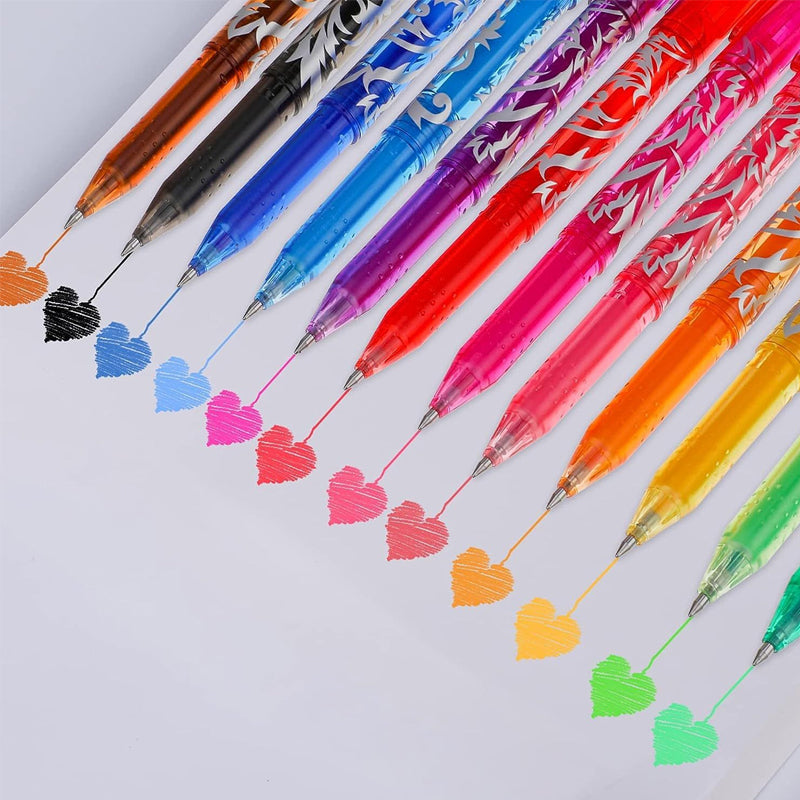 Fine point erasable gel pens in a pen holder, ready for use as office or school supplies