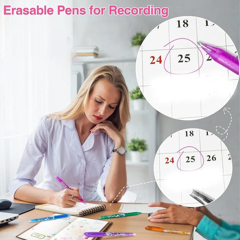 Smooth ink erasable gel pens, demonstrating clean erasing ability on paper, no residue
