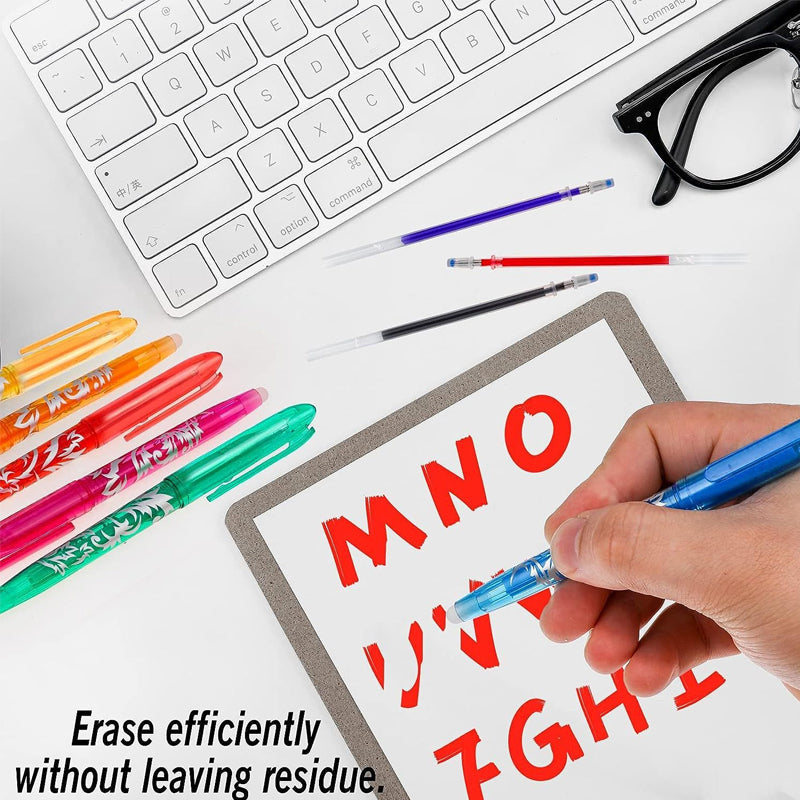 Assorted fine point erasable gel pens, lined up neatly, highlighting their various color options