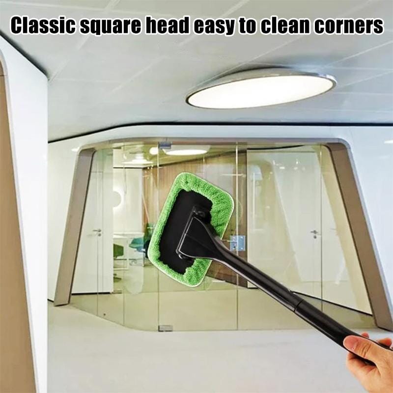 Ergonomic car windshield cleaner with pivoting head and microfiber pad for streak-free auto glass cleaning.