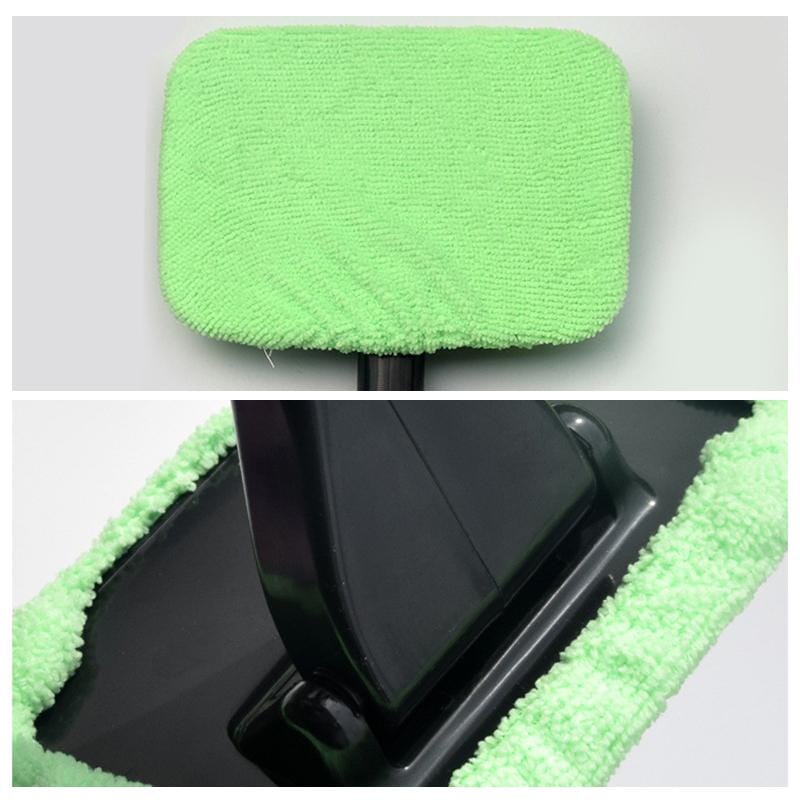 Person demonstrating easy use of an ergonomic car windshield cleaner on an automotive window.