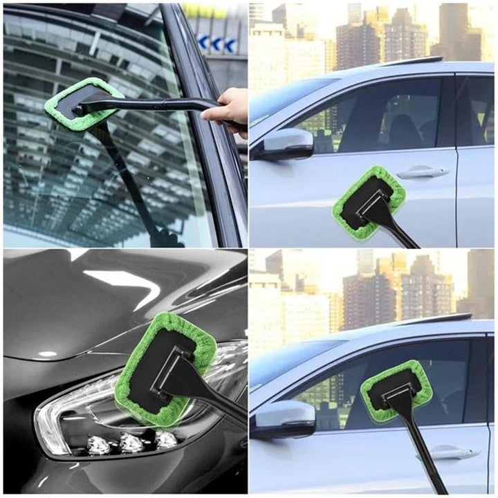 Kit showing ergonomic car windshield cleaner, spare microfiber pads, and spray bottle for complete auto care.