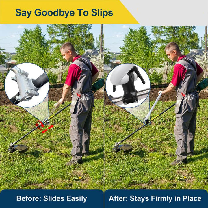 Close-up of ergonomic grip on a trimmer handle extension, improving comfort for lawn care