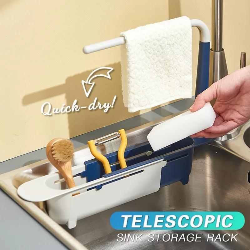 Extendable kitchen sink caddy organizer, telescopic sponge & soap holder, drain rack, gray