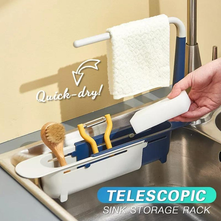 Extendable kitchen sink caddy organizer, telescopic sponge & soap holder, drain rack, gray