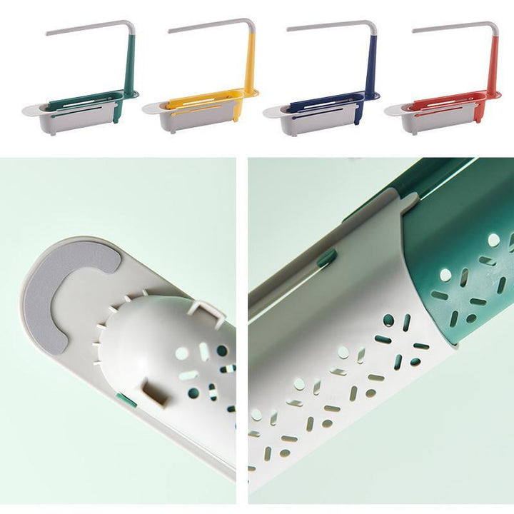 Versatile telescopic sink organizer, neatly stores kitchen sponges and soap, promotes air drying