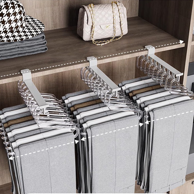 Extendable plastic organizer shelf for wardrobe, offering flexible storage solutions.