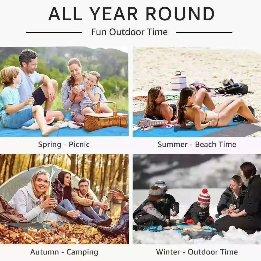 Portable, lightweight outdoor beach blanket for camping, picnics, beach relaxation, & travel.