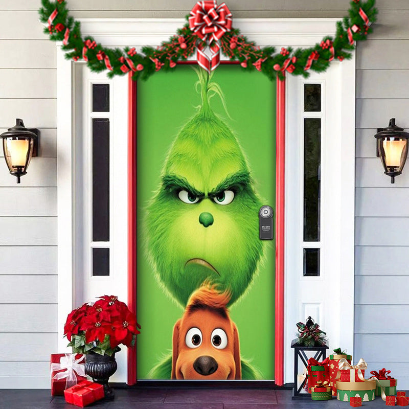Holiday Door Cover: Christmas themed, durable fabric with Santa's workshop illustration