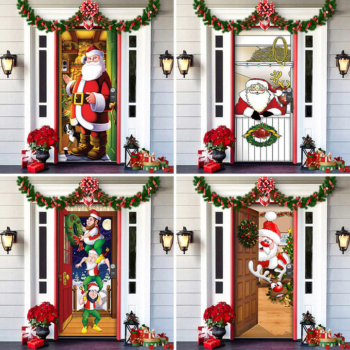 Outdoor Christmas Holiday Door Cover, vibrant fabric with snowflakes and 'Merry Christmas' text