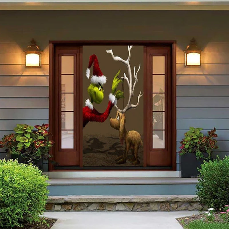 Holiday Door Cover Christmas theme, colorful fabric with gingerbread men and candy canes