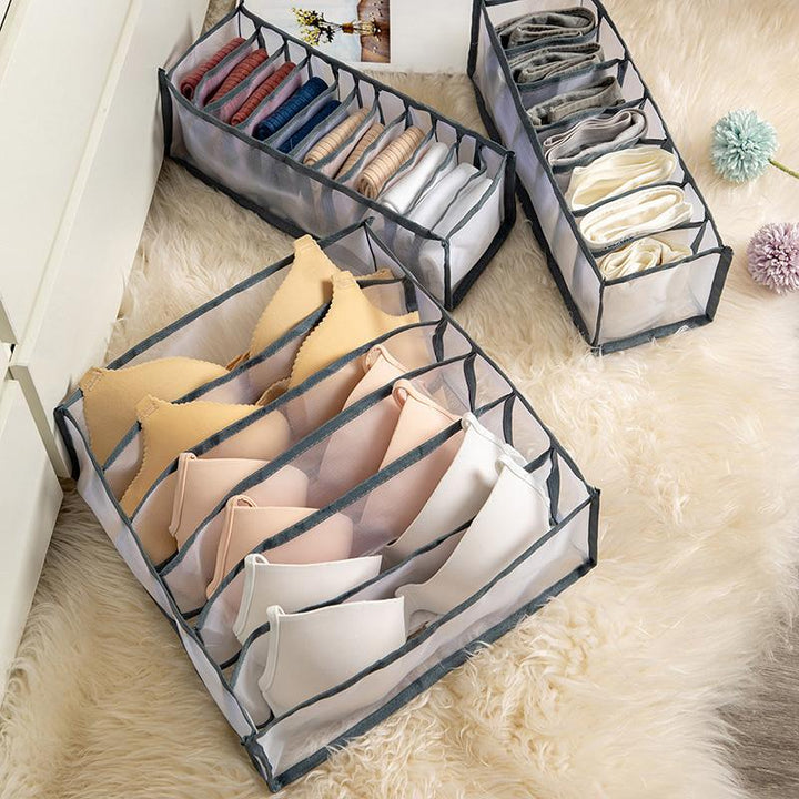 Fabric closet organizer box with compartments for underwear and bras, gray color, for drawer storage