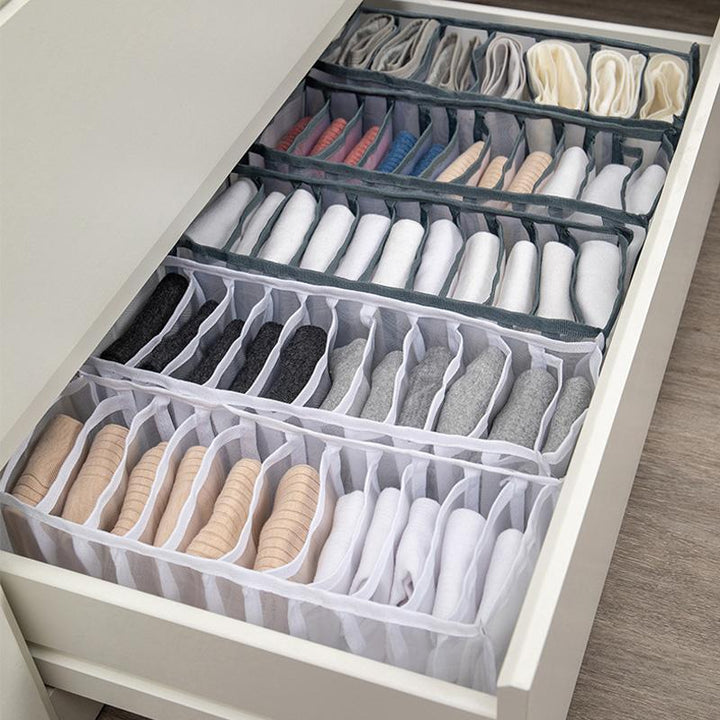 Unisex underwear storage organizer with multiple fabric dividers for socks, undergarments