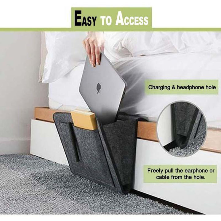 Felt bedside organizer with multiple pockets, perfect for sofa or bed storage in a dorm room.