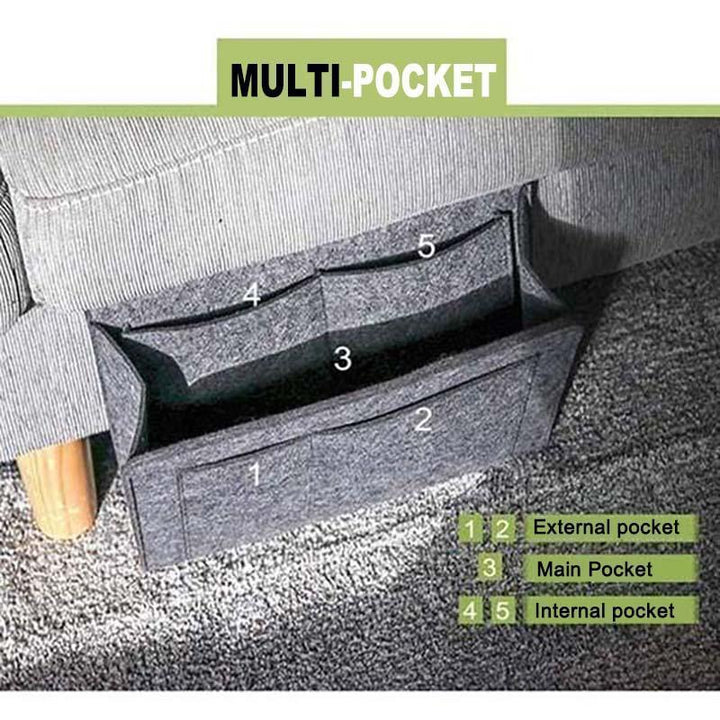 Close-up of a bedside storage organizer showing felt texture and sturdy stitching for durability.