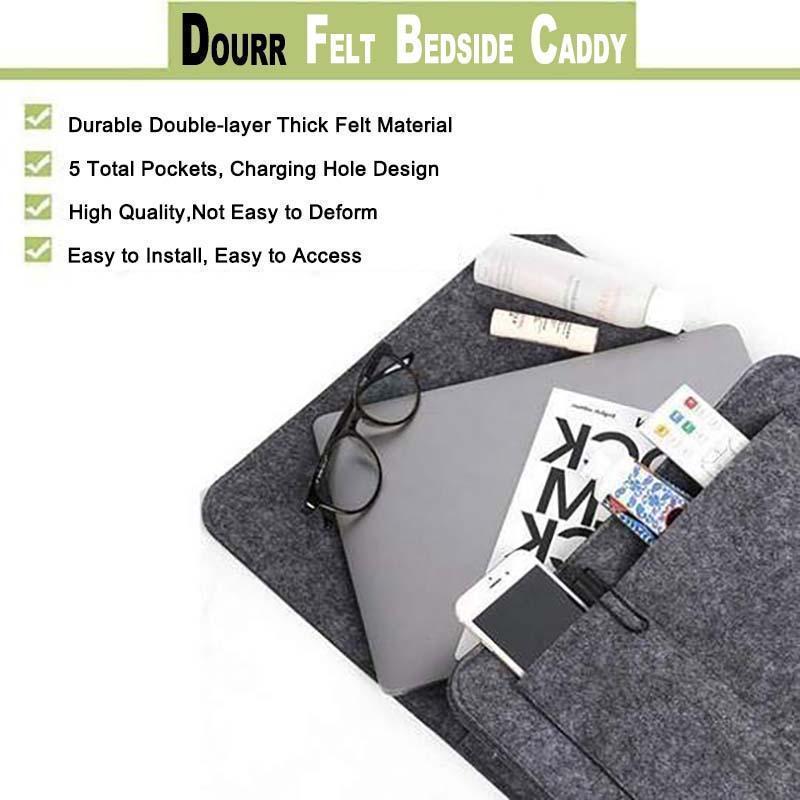 Bedside caddy draped over a sofa armrest, providing convenient storage and smart utility.