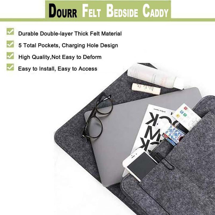Bedside caddy draped over a sofa armrest, providing convenient storage and smart utility.