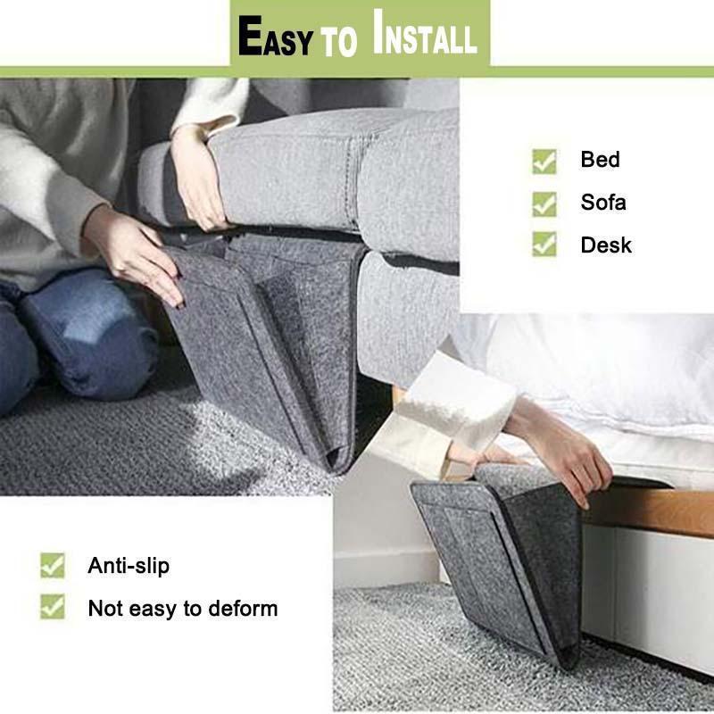 Compact felt pocket organizer, shown in a bedroom setting, great for decluttering nightstands.