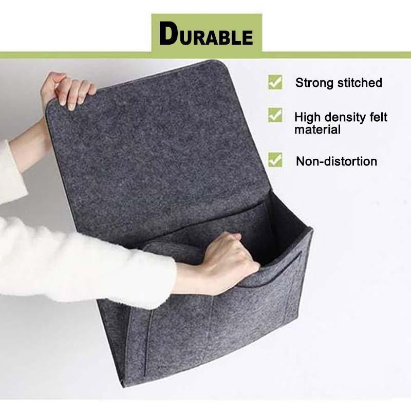 Stylish grey felt bedside organizer, an essential home decor item for tidy living spaces.