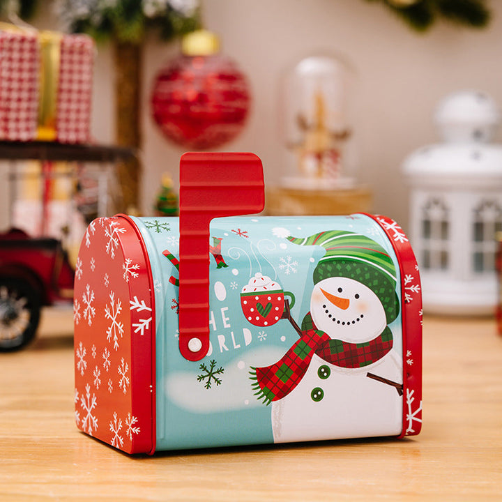 Close-up of a Santa Claus design on a festive Christmas gift box tin, holiday decor