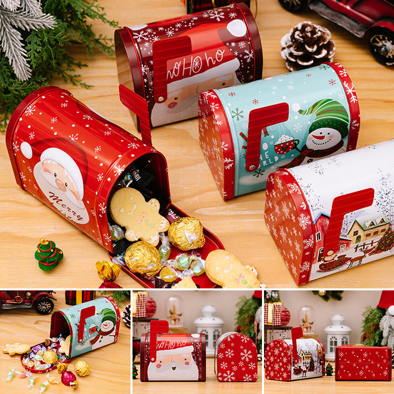 Stack of colorful Christmas gift box tins, metal, for candies and holiday storage