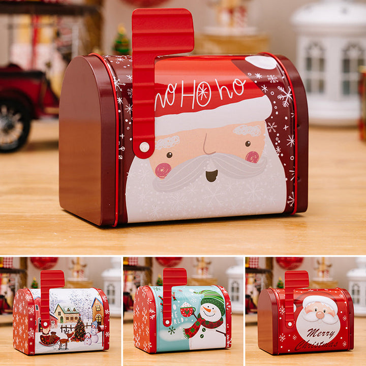 Open Christmas gift box tin, empty, showing the festive holiday interior, storage